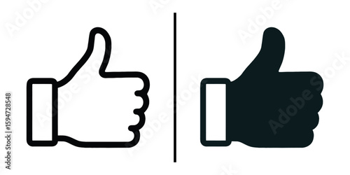 Like Symbol: Minimalist outline and solid illustrations of a thumbs-up symbol, representing agreement, approval, or endorsement.