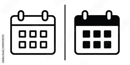 Calendar Icon Set: A minimalist representation of two calendar icons, one outlined and the other filled, standing side-by-side, conveying concepts of time and scheduling.