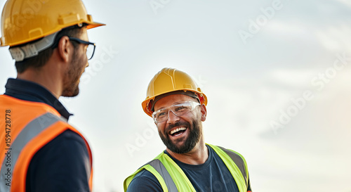 Two construction workers wearing safety helmets and vests are engaged in a friendly conversation, showcasing teamwork and camaraderie on a job site under a clear sky