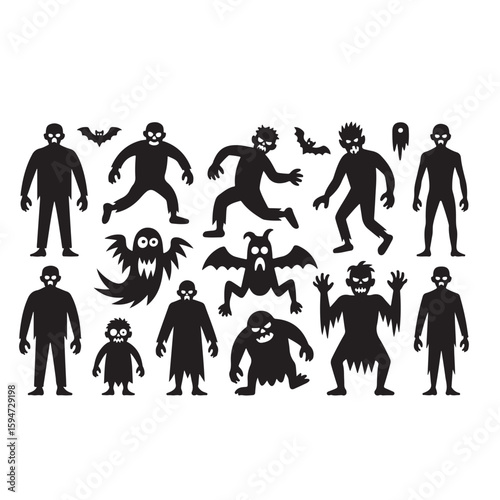 Black silhouettes of halloween monsters ghosts and zombies on a white isolated background pattern design