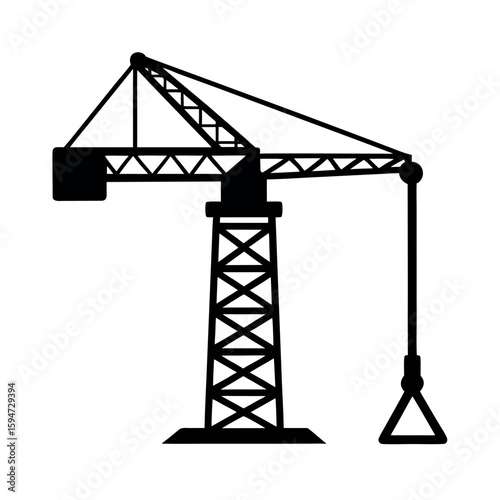 Construction crane with tall lifting tower arm Silhouette Vector illustration