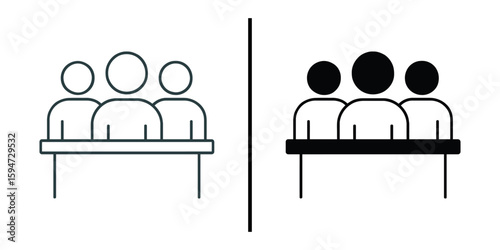 Contrasting Conference: a minimalistic illustration depicting two sides of the same conference room: a vibrant white side and a dark black side
