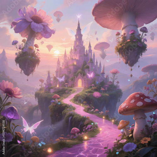Fantasy Art: Vibrant Mushrooms, Flowers, and a Mystical Castle