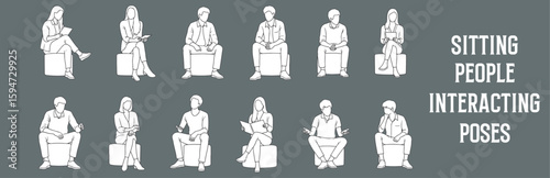 Architectural Drawings sitting people interacting poses vector illustration, front view, human person Minimal style hand drawn. Sections, Elevations, Floor Plans