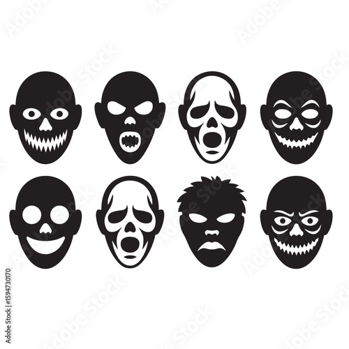 A graphic representation of eight black and white spooky faces with different expressions in a symmetrical layout