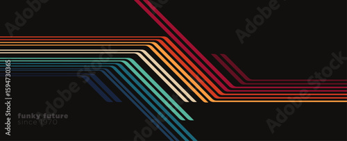 Retro-futuristic abstract background with vibrant, multicolored tech-inspired lines.