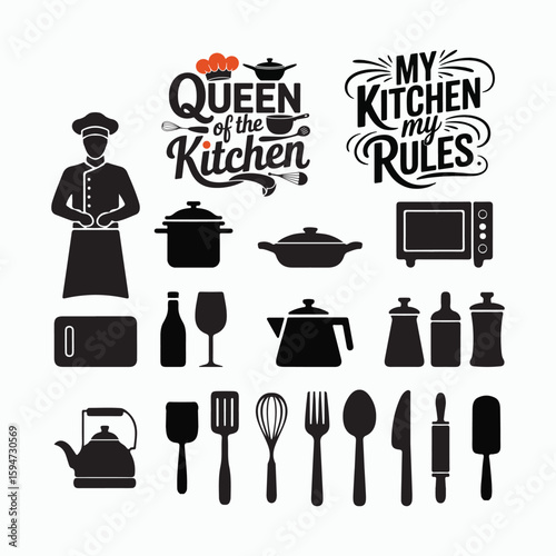 Kitchen Cooking Quotes and Utensil Silhouette Set Vector Illustration
