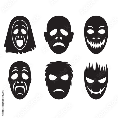 A collection of six black and white spooky halloween masks with different facial expressions and designs