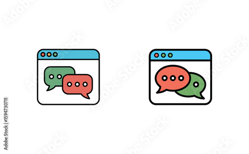 Two chat windows displaying message bubbles in green, red and blue on white background