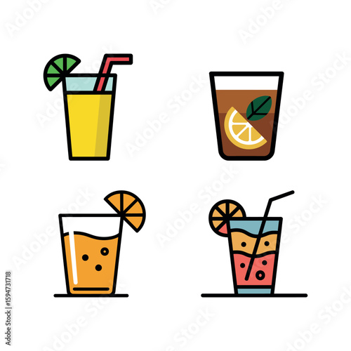 Four outlined drinks with straws and fruit garnish isolated on white background
