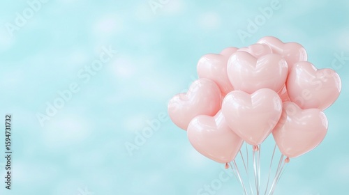 Pastel pink heart shaped balloons floating against soft turquoise backdrop, suggesting romantic mood for love themed events and celebratory moments