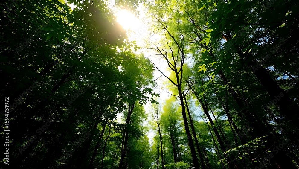 Obraz premium Sunlight Through Green Forest Canopy of Tall Trees