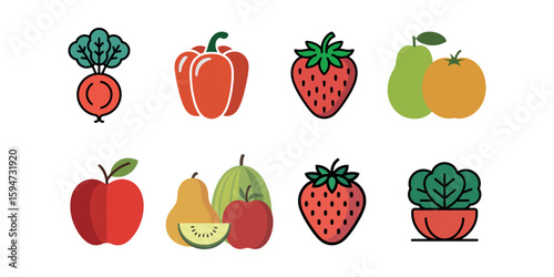 Diverse collection of fruits and vegetables on a clean, simple white background