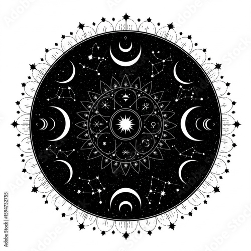 Celestial mandala with zodiac constellations and moon phases