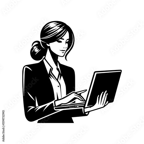 A female entrepreneur holding a laptop on with white background