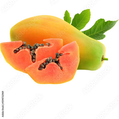 Fresh Ripe Papaya Fruit with Slices and Green Leaves – Tropical Healthy Snack Isolated