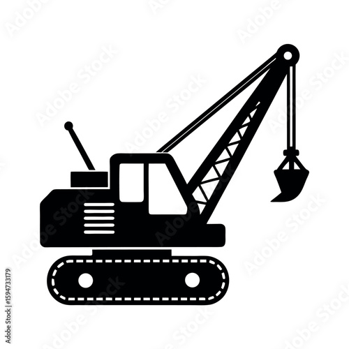 Dragline excavator machine for deep digging Silhouette Vector illustration