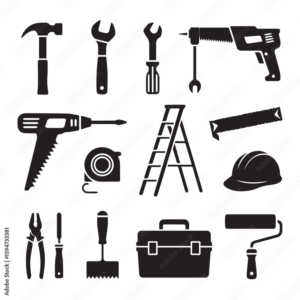 Fototapeta premium Vector art of a collection of construction and repair tools isolated on white background