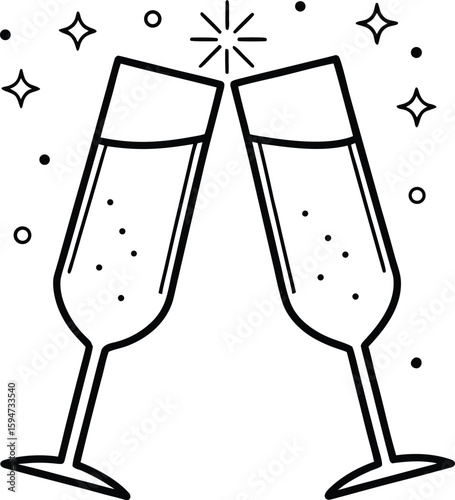 Champagne Toast Icon: A celebratory illustration of two elegant champagne flutes clinking together, surrounded by sparkling stars, symbolizing joy, festivity, and special moments.