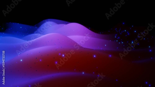 Abstract 3D surface with beautiful waves, luminous sparkles and bright color gradient blue purple. Waves run on matte surface with glow glitter. 4k looped animation
