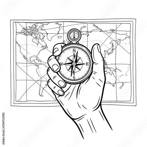 Compass in hand with a world map in the background, vintage nautical illustration