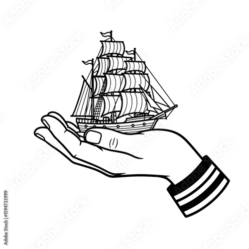 Classic ship in a sailor's hand, vintage tattoo style illustration