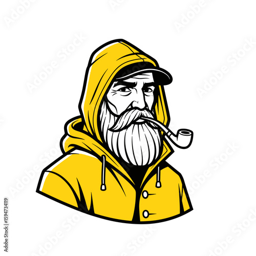 Portrait of a rugged fisherman wearing a yellow raincoat and smoking a pipe