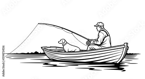 Angler fishing from a small boat with a dog companion on a peaceful lake