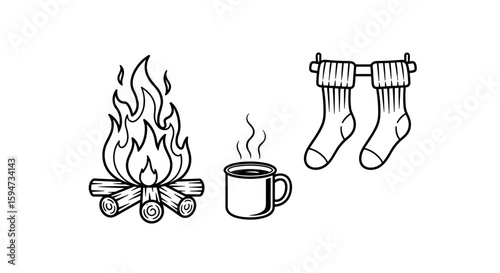 Cozy camping elements: campfire, steaming cup, and warm socks on a clothesline
