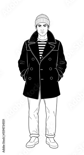 Sailor-style man wearing a striped shirt, peacoat, and beanie with a relaxed pose