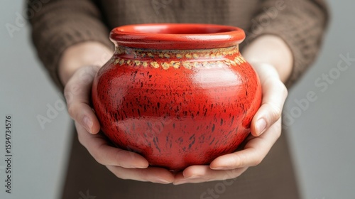 Hands Holding a Bright Red Pottery Bowl with Decorative Patterns