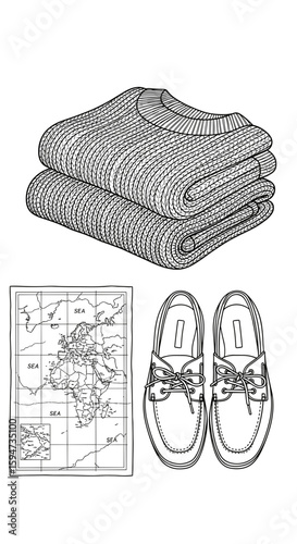 Travel essentials: folded sweaters, map, and casual shoes for a getaway