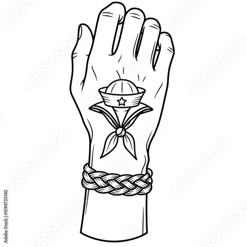 Tattoo design of a sailor hat and ribbon on a hand with a braided wristband