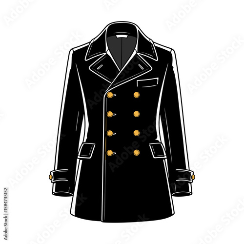 Nautical double-breasted coat illustration, sketch style, monochrome design