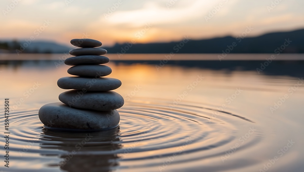 Stone Stack on Water at Sunset for Balance and Harmony Stone Stack on Water at Sunset for Balance and Harmony