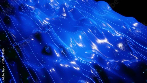 Abstract 3D surface with beautiful waves, luminous sparkles and bright color gradient. Waves run on very shiny, glossy surface with glow glitter and glow lines. 4k looped animation