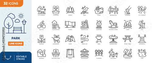 Park line editable icon set. Containing Park, Dog Walk, Bench, Gardening, forest, Camp, Picnic, Playground, Recreation, and more. Editable stroke. Vector illustration