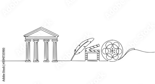 Outline illustration of cultural symbols including temple and film reel  