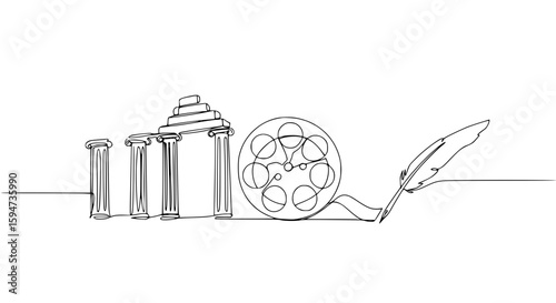 Minimalist single line outline vector of film and architecture symbols  