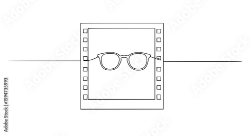 Glasses inside film frame in minimalistic single line outline vector  