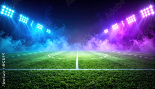 3D Render of Textured Soccer Field with Neon Fog Swirling Around Midfield Area