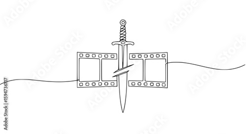 Sword intersecting film strips in single line outline vector design  