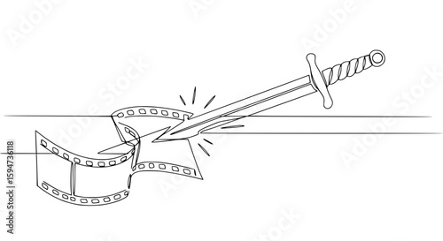 Sword piercing film strip in a minimalist single line outline vector  
