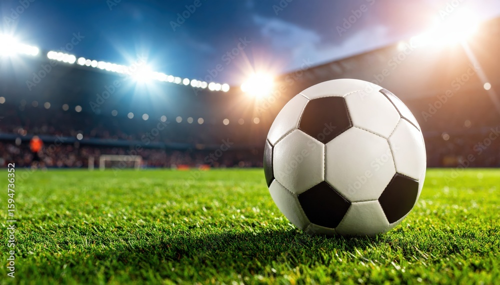Fototapeta premium Ball on the Green Field in Soccer Stadium Ready for Game at Midfield
