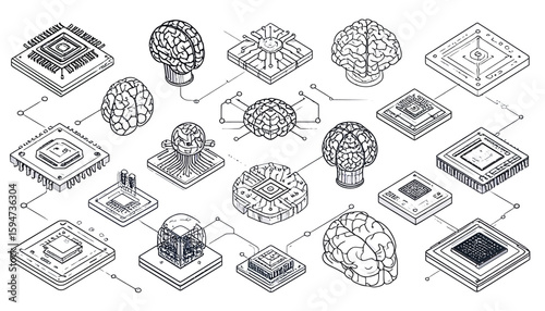 Isometric illustrations of interconnected computer chips and brains, suggesting artificial intelligence.