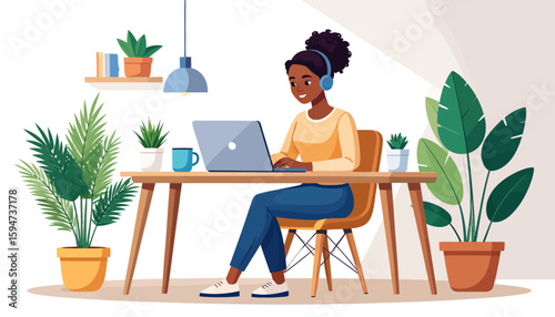 A young woman working at a home office, surrounded by plants and a laptop.