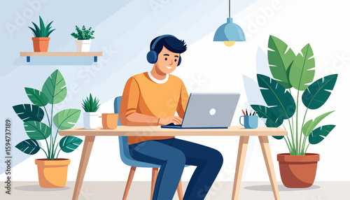 A young man working at a home office, surrounded by plants and using a laptop.