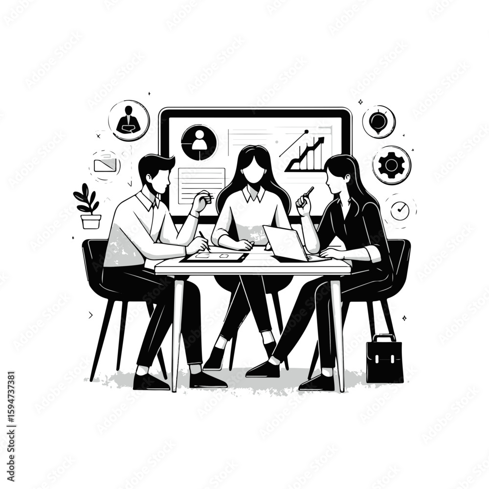 Fototapeta premium A group of three discussing a strategy on with white background
