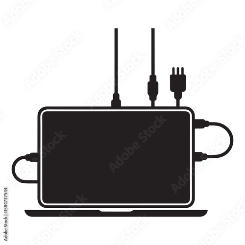 Vector art of a laptop with various ports and cables connected isolated on white background