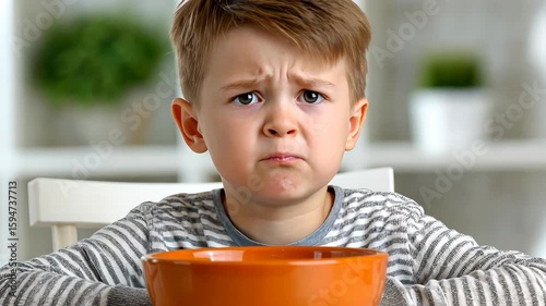 Child shows displeasure while sitting at kitchen table with empty bowl after meal time